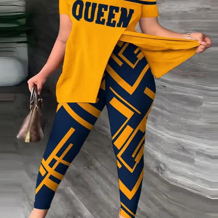 Women Print Two Pieces Set Summer Fashion Short Sleeve T Shirt Top Outfit Casual One-Shoulder Split Hem Tops Pants Set New Femme