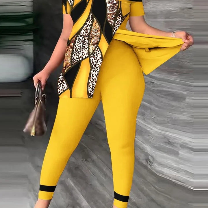 Women Print Two Pieces Set Summer Fashion Short Sleeve T Shirt Top Outfit Casual One-Shoulder Split Hem Tops Pants Set New Femme