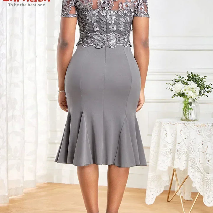 Fashion Solid Color Pencil Dress for Women Patchwork Design Lace Zipper Decor See Through O-Neck Short Sleeve Slim Hip Dress