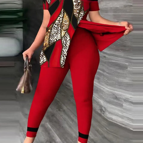 Women Print Two Pieces Set Summer Fashion Short Sleeve T Shirt Top Outfit Casual One-Shoulder Split Hem Tops Pants Set New Femme