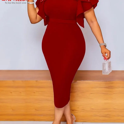 Fashion Summer Solid Color Pencil Dress for Women Split Design Beading Decor O-Neck Butterfly Sleeve High Waist Slim Hip Dress