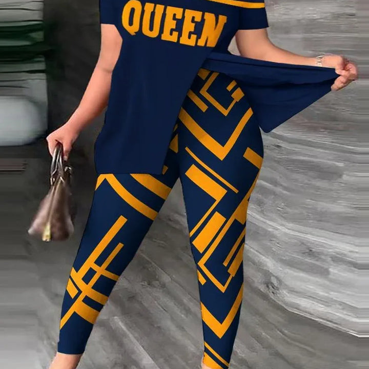 Women Print Two Pieces Set Summer Fashion Short Sleeve T Shirt Top Outfit Casual One-Shoulder Split Hem Tops Pants Set New Femme
