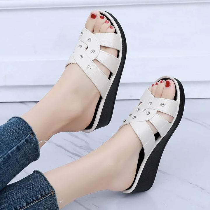 Women's High Heel Slippers Summer Wear Thick Bottom Fashion Home Non-Slip Mother Shoes Soft Bottom Social Wedge Women Sandals